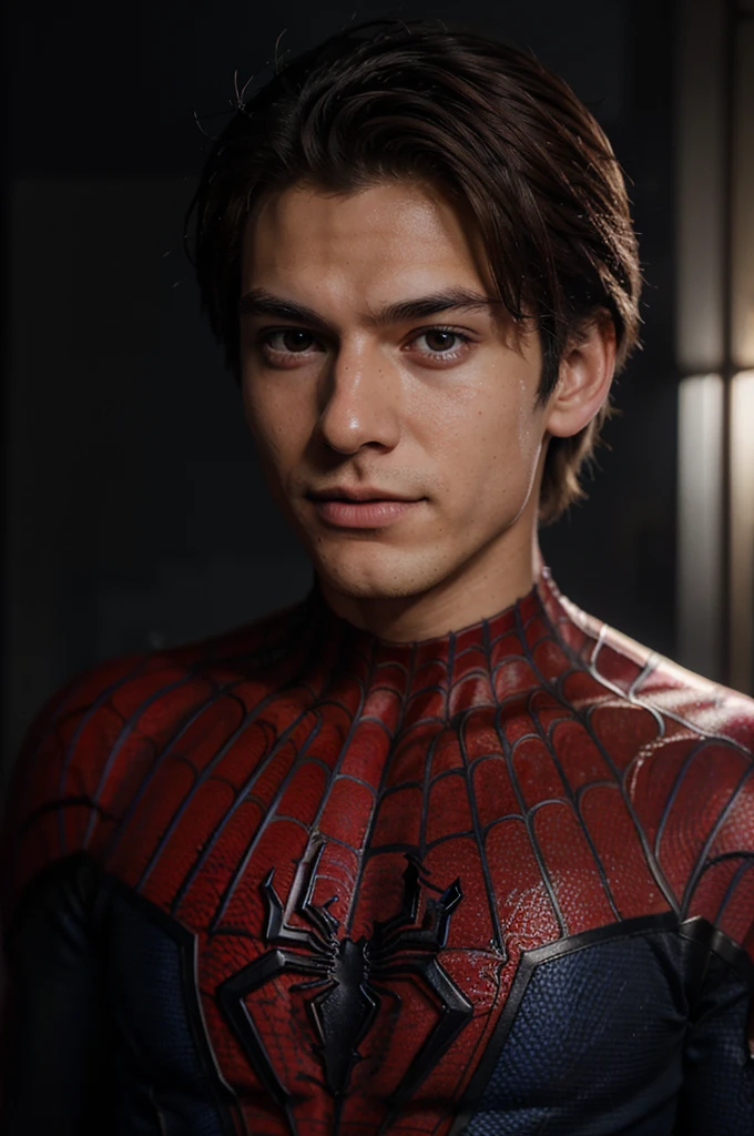 A photograph of spider man, no mask, 20 yo, handsome, detailed face, looking at camera, portrait, 8k uhd, high quality