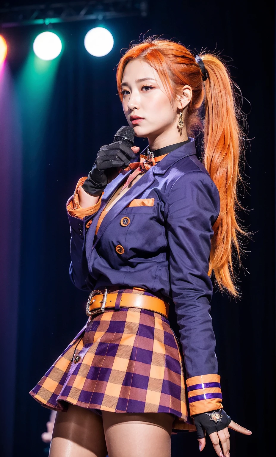 ulzzang-6500-v1.1, (raw photo:1.2), (photorealistic:1.4), beautiful detailed girl, very detailed eyes and face, beautiful detailed eyes, ridiculous, incredibly ridiculous, huge file size, super detailed, high resolution, very detailed, best quality, 1girl, 16 years old, (1girl:1.2), kawaii, stageidol,suisei cos , gloves, plaid, black gloves, choker, star (symbol),partially fingerless gloves, belt, plaid dress,plaid skirt, skirt, bracelet, shirt, buttons, blue belt,ascot,double-breasted, blue ascot, plaid jacket, jacket, collared shirt, dress,grey jacket, black choker, long sleeves,blue ribbon, blue choker, grey skirt,jewelry,bracelet ,thigh strap, single thighhigh, socks, beret, hat,plaid headwear, grey headwear,crown, BREAK,(slender),((( amaranth purple eyes, side ponytail hair, orange color hair))),High quality and beautiful,, pretty girl,City Shibuya