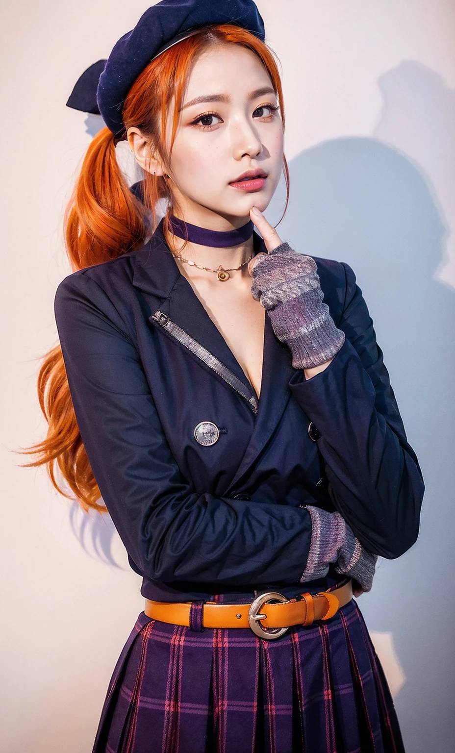 ulzzang-6500-v1.1, (raw photo:1.2), (photorealistic:1.4), beautiful detailed girl, very detailed eyes and face, beautiful detailed eyes, ridiculous, incredibly ridiculous, huge file size, super detailed, high resolution, very detailed, best quality, 1girl, 16 years old, (1girl:1.2), kawaii, stageidol,suisei cos , gloves, plaid, black gloves, choker, star (symbol),partially fingerless gloves, belt, plaid dress,plaid skirt, skirt, bracelet, shirt, buttons, blue belt,ascot,double-breasted, blue ascot, plaid jacket, jacket, collared shirt, dress,grey jacket, black choker, long sleeves,blue ribbon, blue choker, grey skirt,jewelry,bracelet ,thigh strap, single thighhigh, socks, beret, hat,plaid headwear, grey headwear,crown, BREAK,(slender),((( amaranth purple eyes, side ponytail hair, orange color hair))),High quality and beautiful,, pretty girl,City Shibuya