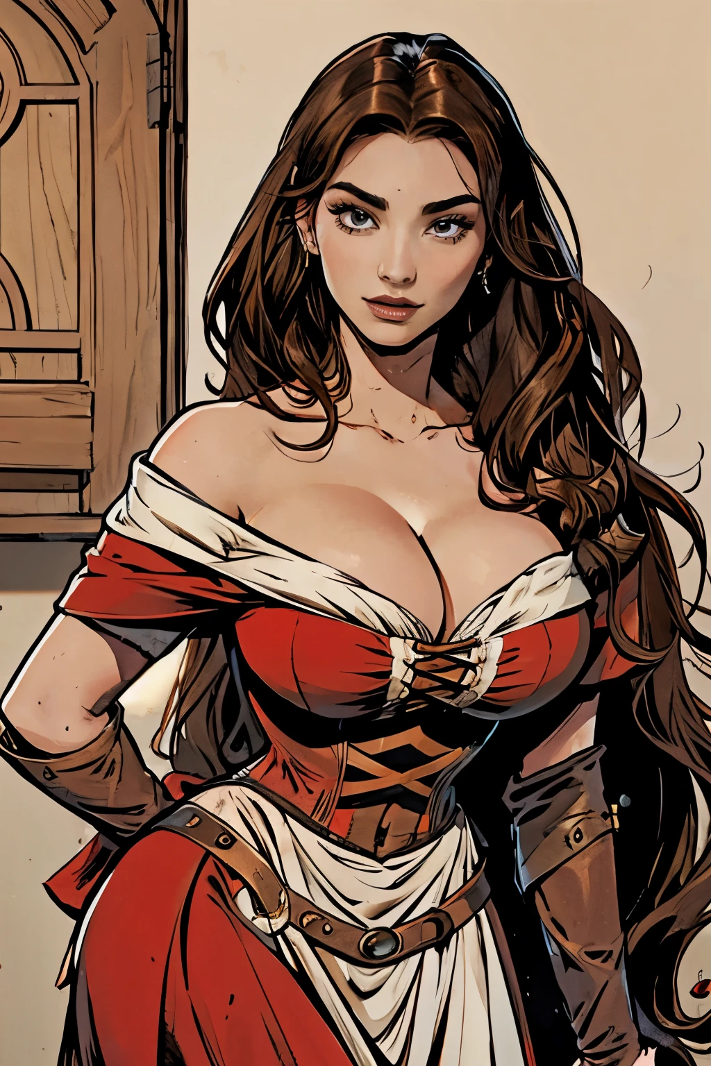 Gorgeous and sultry busty athletic (happy) brunette with sharp facial features, long hair, large breasts wearing a renaissance dress, off-shoulder, corset, red dress, In a renaissance fair.