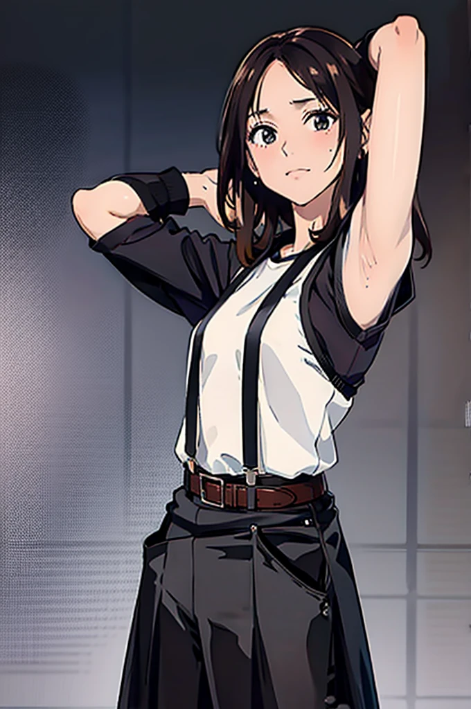 Black Skirt, 　suspenders, Brown hair Gray eyes, 脚にガーターbelt, Tight black clothes, 　　 belt　Armpit sweat　　Dark look　Moderate bust　holster　Put your hands behind your back