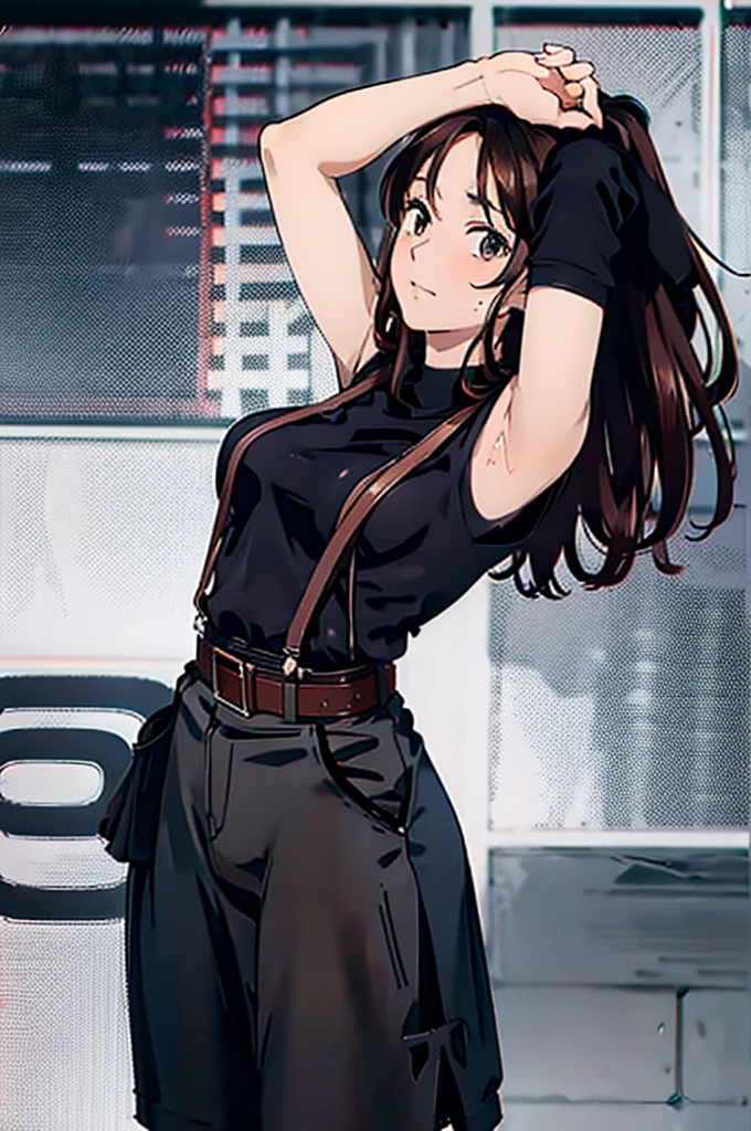 Black Skirt, suspenders, Brown hair Gray eyes, 脚にガーターbelt, Tight black clothes, belt Armpit sweat Dark look Moderate bust holster Put your hands behind your back
