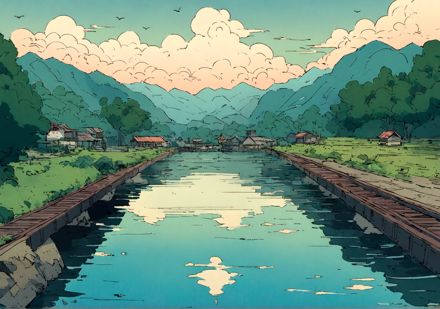 Cartoon train on tracks passing through body of water, 图像由Shinkai Makoto提供, Pixif, Concept Art, lofi style style, reflection. Enhance Details, Perfect picture quality. author:Shinkai Makoto, lofi style, Beautiful anime scene, Anime Landscape, Detailed Landscape - Width 672, in Shinkai Makoto的风格, Shinkai Makoto的风格