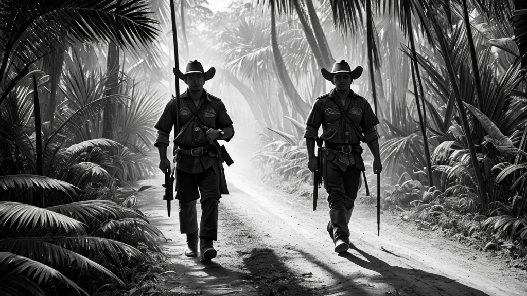 monochrome photography, many Southeast Asian mercenaries, march through the jungle, 32K, Best quality, Masterpiece, super detail, High Details, cowboy shot