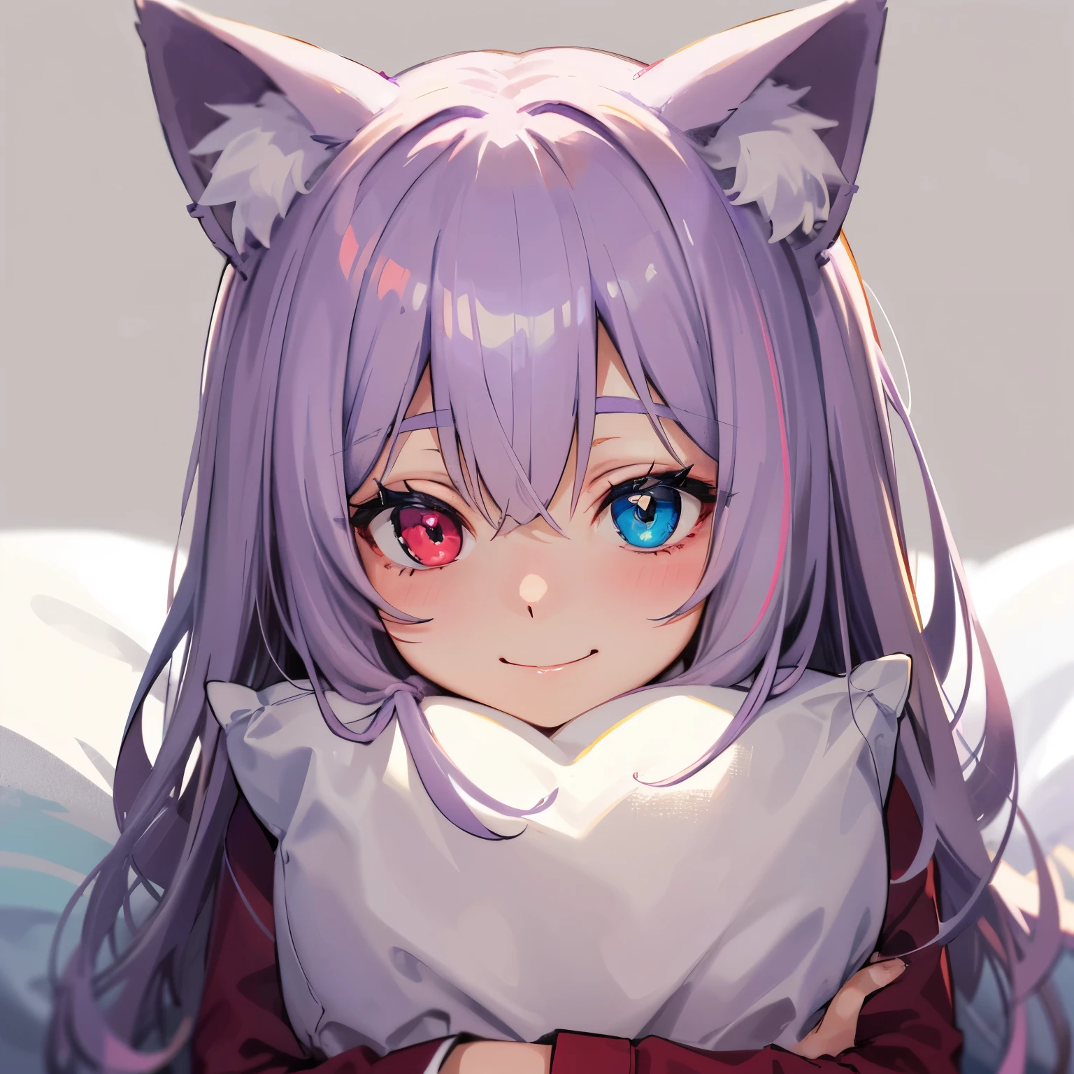 close-up portrait of ((solo catgirl)) hugging a pillow, light violet hair, nekomimi, simple plain background, innocent smile, pajamas, masterpiece, heterochromia, polychromia