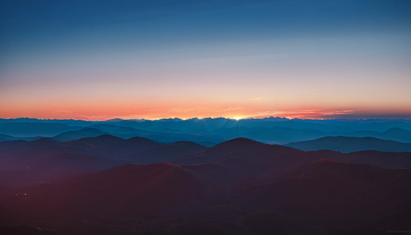 Create a high-resolution, ultra-high definition image of a vibrant red beam of light splitting the distant sky and a flat horizon, between the skyline and the even mountain range, with a dramatic atmosphere, glowing intensity, and a sunset or sunrise effect. The rendering should be realistic and photorealistic, capturing an epic and grand scene with a stylized touch like a fantasy painting. Ensure the full-size image has the proper scale of the light beam to the landscape, using advanced rendering techniques such as Octane Render, to inspire awe and wonder.