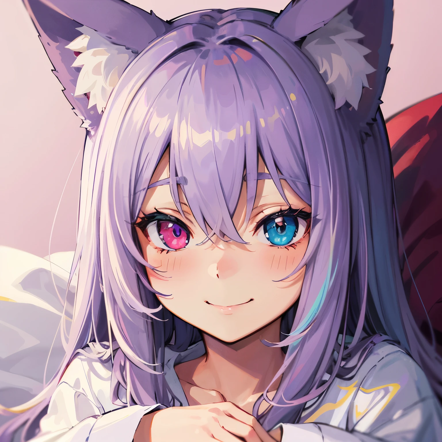 close-up portrait of ((solo catgirl)) hugging a pillow, light violet hair, nekomimi, simple plain background, innocent smile, pajamas, masterpiece, heterochromia, polychromia