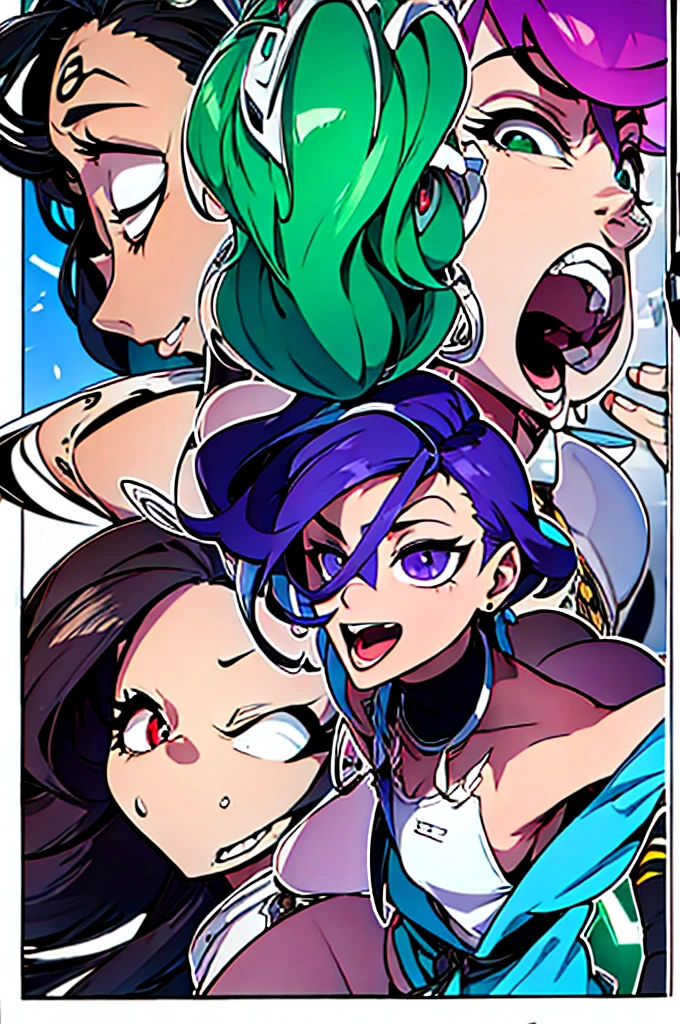 very beautiful and sensual star goddesses facing destiny with a camehame-ha. ((purple vs green color power))