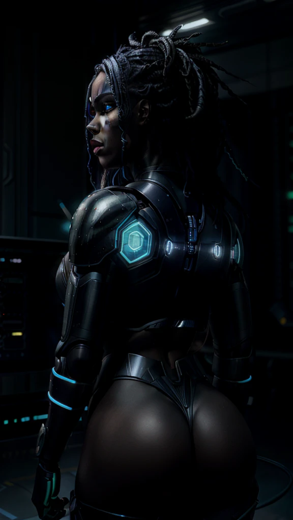 Rear view of A Black Woman in an imposing futuristic post-apocalyptic cyberpunk environment full of technological details. The woman has rich, deep skin, with tones that glow under the scene's neon lighting. Her hair is a bold combination of dreadlocks and braids, decorated with metallic threads and small LEDs that blink softly, reflecting the colorful lights in the room. His face is sculpted with strong, elegant features, highlighting piercing eyes that glow with a cybernetic blue intensity. She wears metallic makeup, with silver shadows and lips painted an intense purple, adding a touch of mystery and power. His athletic body is encased in a futuristic combat suit made from synthetic and metallic materials. The look is a combination of black, silver and neon blue, with details that suggest high technology, such as embedded circuits and light panels. Plates of armor protect his shoulders, arms, and legs, while cables and wires connect to devices on his body, indicating a perfect fusion between human and machine. giving it a vivid, dynamic and hyper-realistic cinematic look.