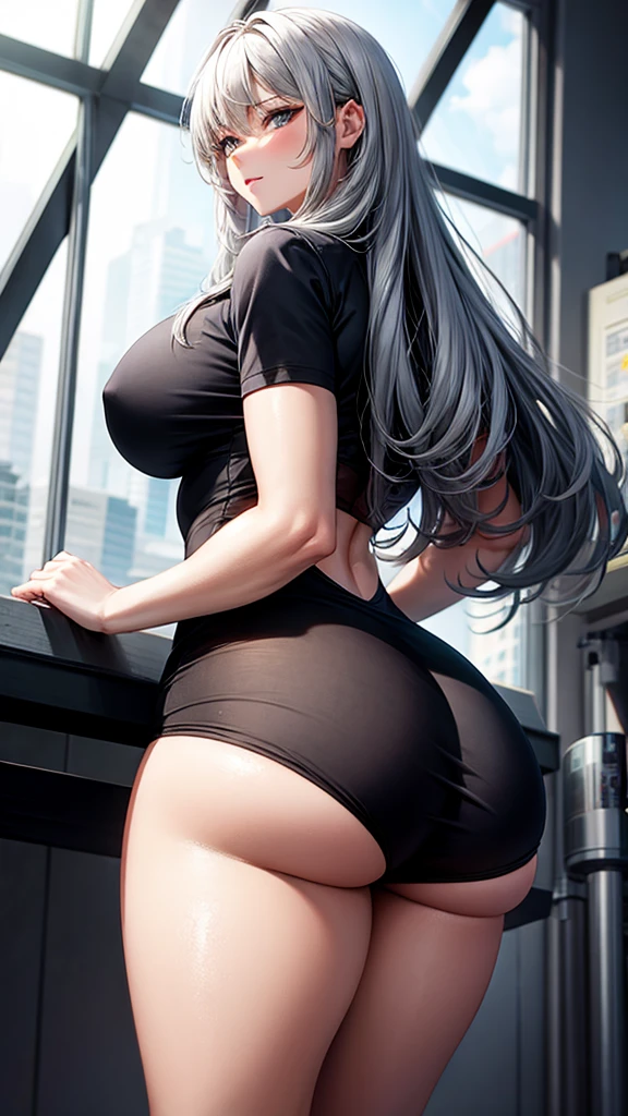 40 year old woman ,with long gray hair,black eyes,huge breasts,chubby thighs,big ass and he is on his back showing his huge ass
