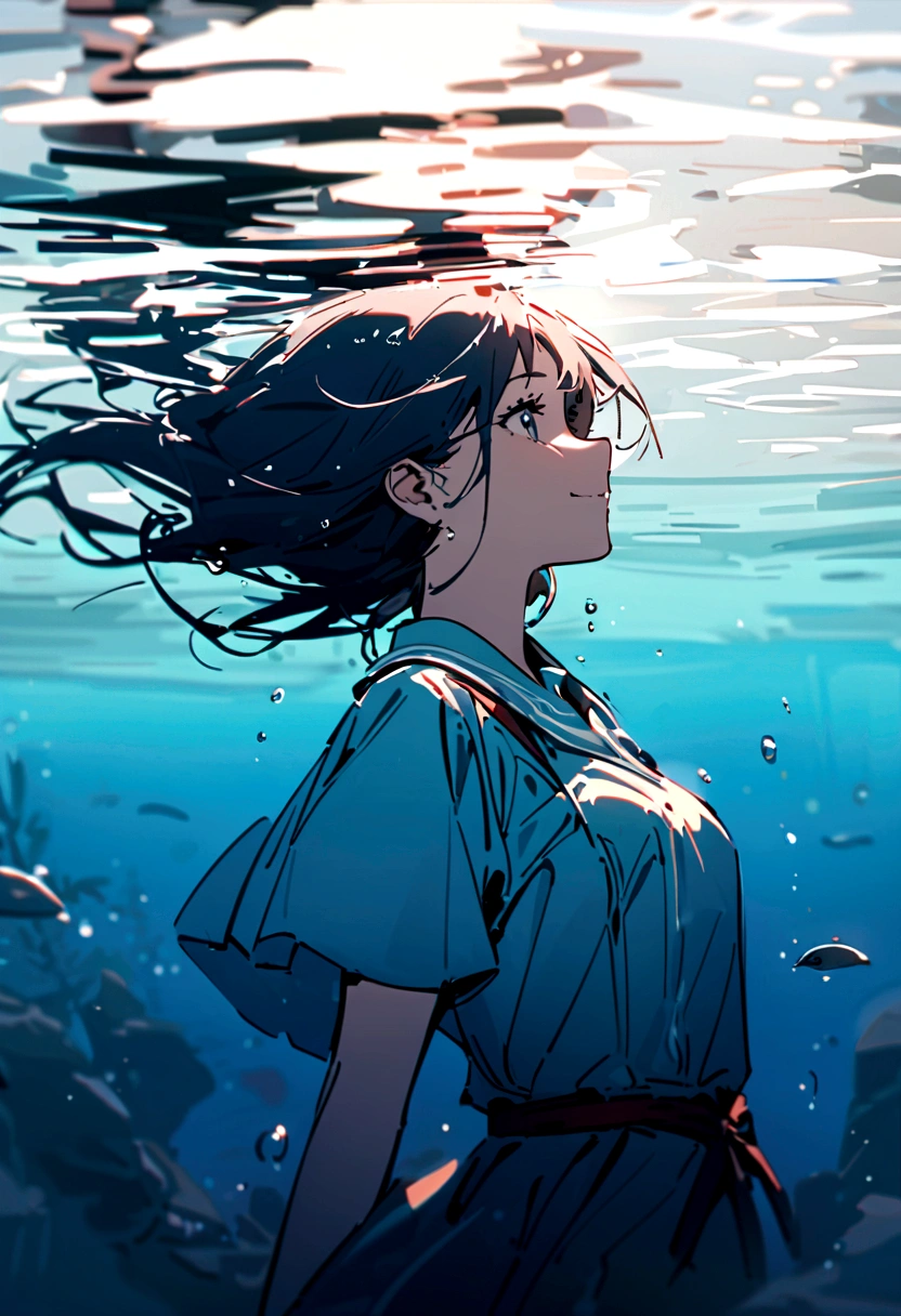 A beautiful girl falling, drowning under the sea (side view),with a sad smile, commiting suicide,as she drowned herself in water, slowly sinking deeper