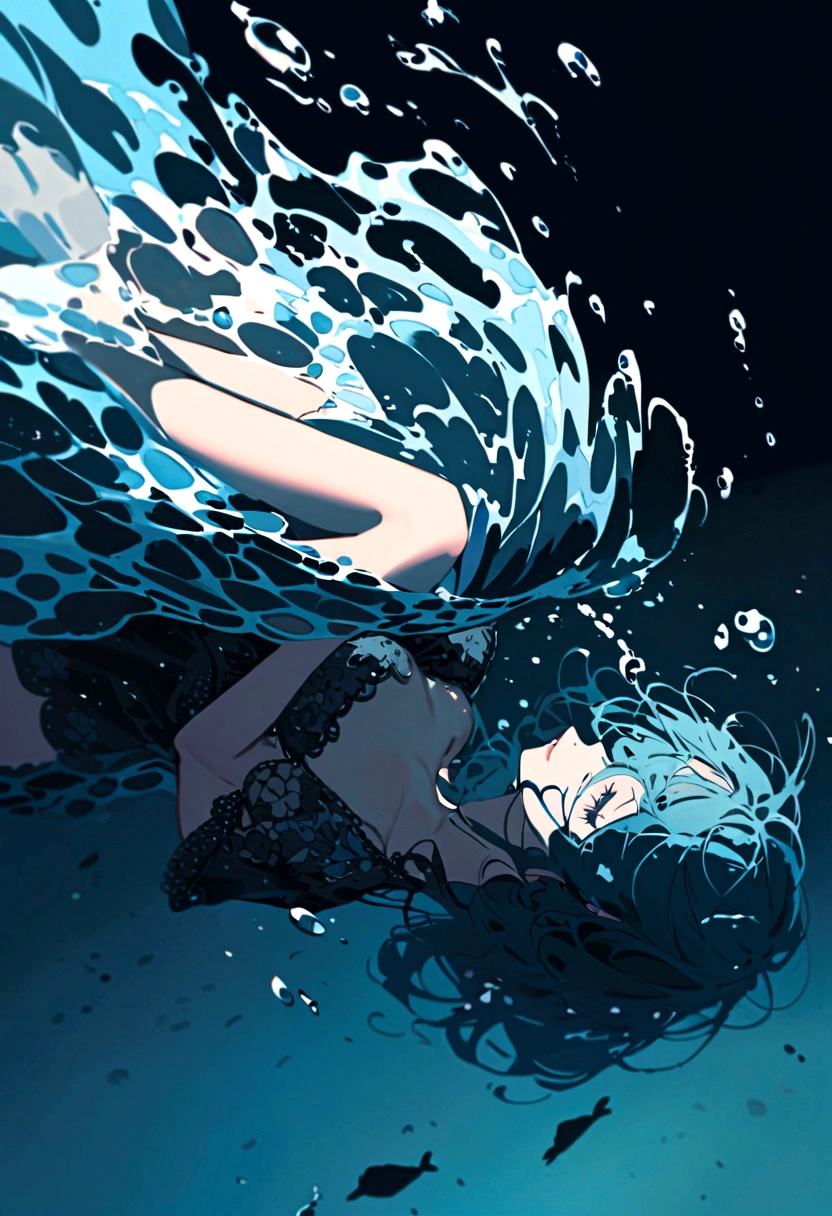 A beautiful girl falling, drowning under the sea (side view),with a sad smile, commiting suicide,as she drowned herself in water, slowly sinking deeper