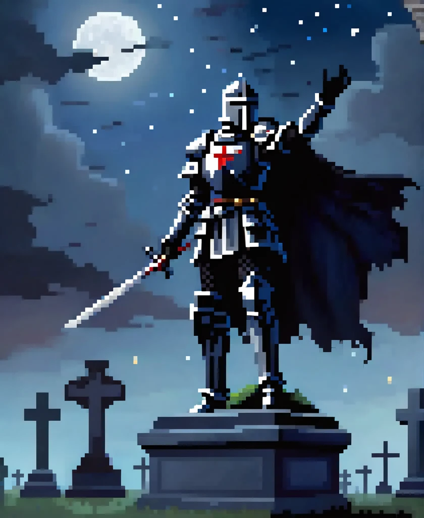gothic black knight injured floating and raising his arm to the night sky in a cemetery