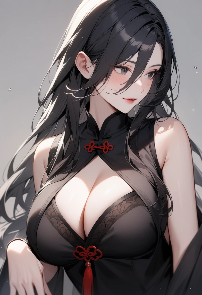 Mature women,Black long hair,Chinese style,Showing cleavage,White nightgown,Beautiful black eyes,Extremely detailed,high resolution,Simple background