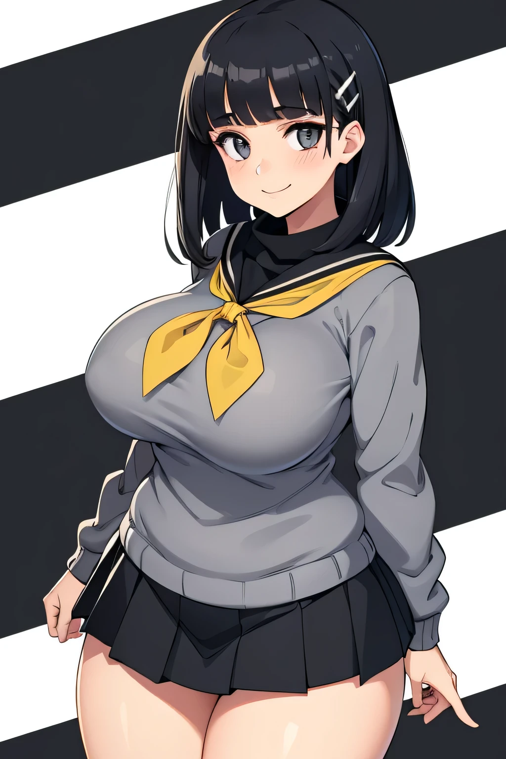 1 hot, dark hair, dark gray eyes, ssmile, marvelous, seu funeral, shorth hair, hair clip, gray sweater, black sailor collar, yellow scarf, Black Skirt, breasts big, thicc thighs