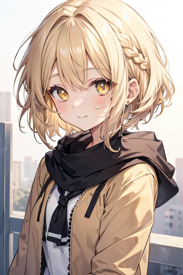 girl, cute anime girl, smiling, beige hair, short hair, hair in a braid on the side, messy hair, big eyes, yellow eyes