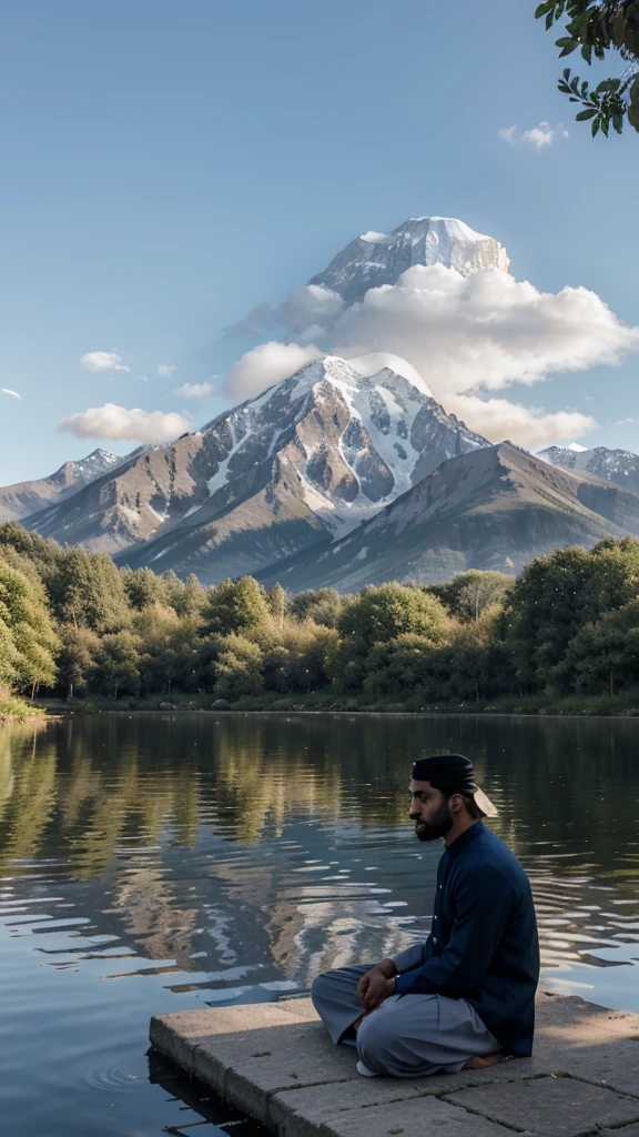 A Muslim man in traditional clothing is sitting under a large tree on the edge of a calm lake. He treated his best friend sitting in front of him, examining his eyes attentively. In the background, a tall mountain with snow on its peak is clearly visible behind white clouds drifting slowly across the blue sky. very real, high resolution, 8k resolution, intricate details