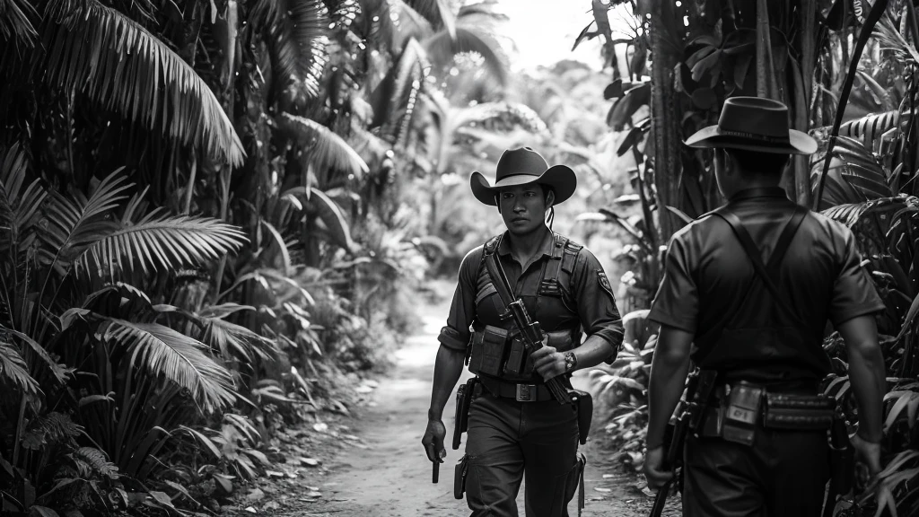 monochrome photography, many Southeast Asian mercenaries, march through the jungle, 32K, Best quality, Masterpiece, super detail, High Details, cowboy shot