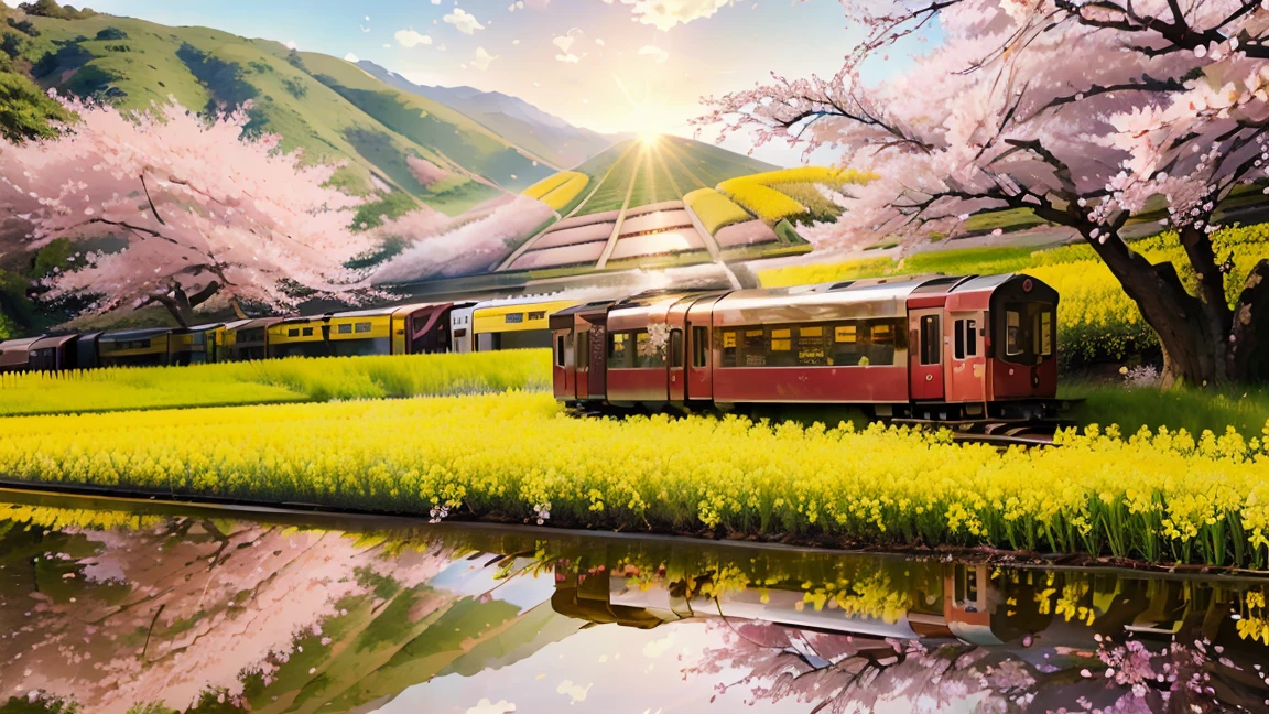 (best quality, 4K, high resolution, masterpiece: 1.2), (((A train running near rapeseed and cherry blossoms, Rice fields reflected scenery)))、Soft natural light, The beauty of reflected light、Mirror-like scenery, , touching, Vibrant colors, Warm and inviting tones, Grass leaves swaying in the breeze, Peaceful and tranquil environment.