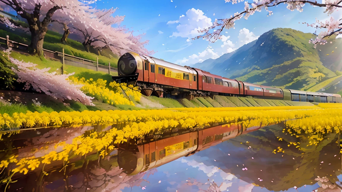 (best quality, 4K, high resolution, masterpiece: 1.2), (((A train running near rapeseed and cherry blossoms, Rice fields reflected scenery)))、Soft natural light, The beauty of reflected light、Mirror-like scenery, , touching, Vibrant colors, Warm and inviting tones, Grass leaves swaying in the breeze, Peaceful and tranquil environment.