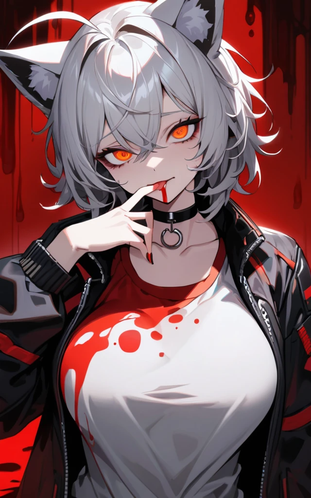 (masterpiece)、(absurdres)、(ultra detailed),Crazy Eyes、despair、Dark Side、closed mouth,Blood droplets、darkness,Blood pool space、Blood dripping background:1.3、(独奏),(silver cat ear on a head:1.1),(lady:1.0),(silver hair),(shortcut hair:1.0),(Messy Hair:1.0)、(Ahoge:1.0)、Orange Eyes、Big Breasts:0.8、choker,sleepy eyes、Cyberpunk jacket、Tshirt,Fingers with red liquid、Licking your fingers、Licking the red liquid with your tongue:1.1、upper body shot,nail:0.9