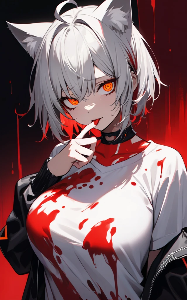 (masterpiece)、(absurdres)、(ultra detailed),Crazy Eyes、despair、Dark Side、closed mouth,Blood droplets、darkness,Blood pool space、Blood dripping background:1.3、(独奏),(silver cat ear on a head:1.1),(lady:1.0),(silver hair),(shortcut hair:1.0),(Messy Hair:1.0)、(Ahoge:1.0)、Orange Eyes、Big Breasts:0.8、choker,sleepy eyes、Cyberpunk jacket、Tshirt,Fingers with red liquid、Licking your fingers、Licking the red liquid with your tongue:1.1、upper body shot,nail:0.9