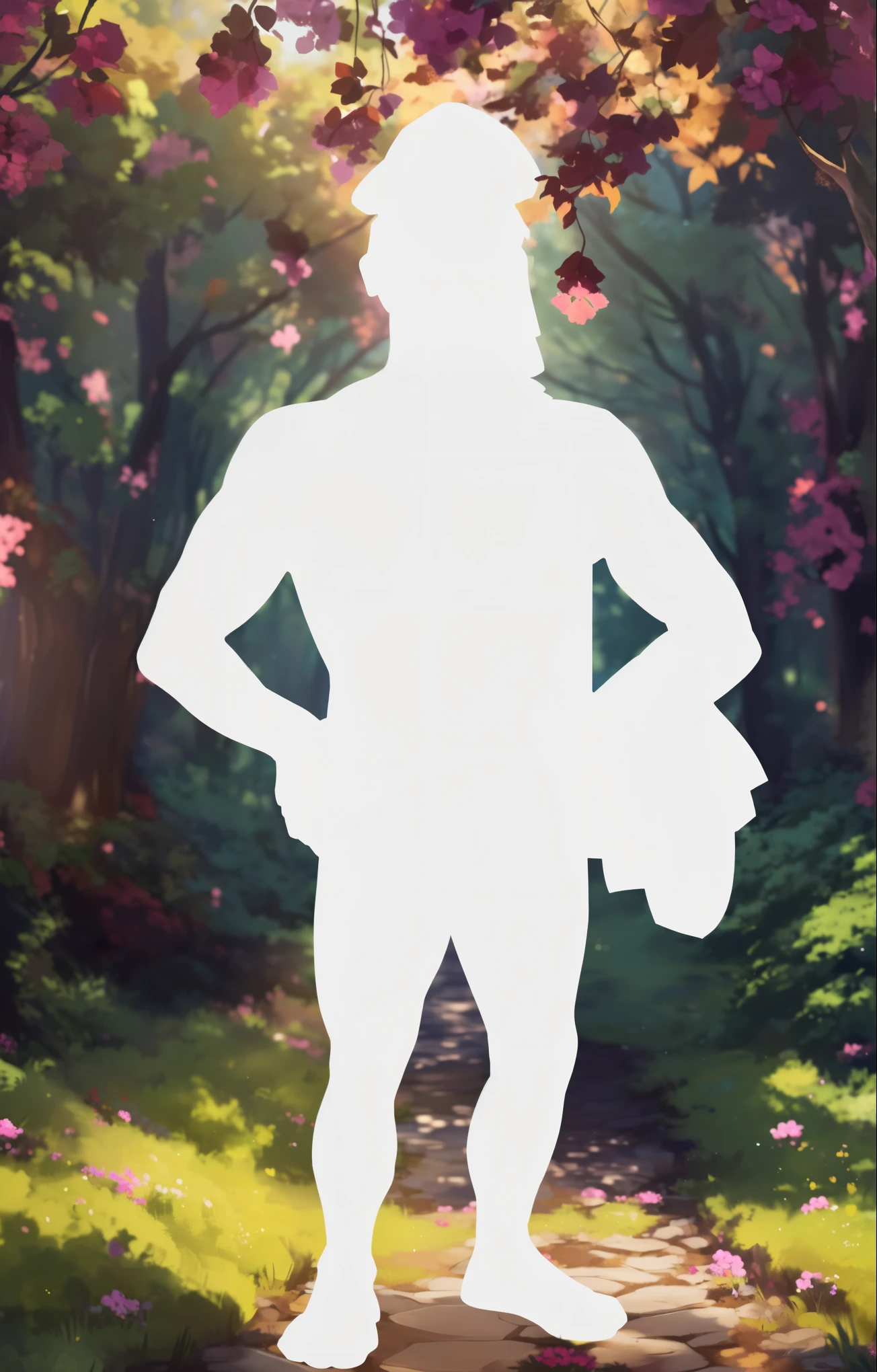 there is a man standing in the middle of a path with a hat on, character silhouette, zoomed out full body, character reveal, view(full body + zoomed out), distant full body view, strong silhouette, shoulders can be seen, in full growth, perfectly shaded body, full body photogenic shot, full body picture, clear silhouette, distant full body shot