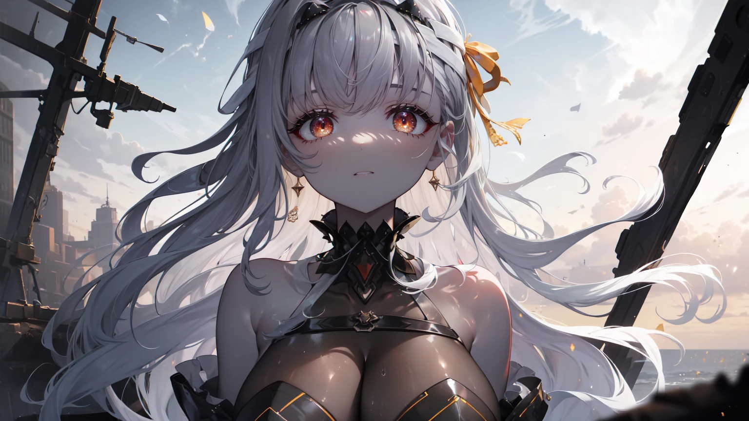 ((((Obra maestra, La mejor calidad, ultrahigh resolution)))), 1girl, standing, (cute maid costume), ((long pure silver hair and grey mesh hair, hair over eye)), long hair cut, pale skin, ((red eyes)), glowing_eyes, neon eyes, (ultra detailed eyes:0.7, beautiful and detailed face, detailed eyes:0.9), smile, ((wide shot)), facing viewer, ((vibrant background, bright lighting, summer, sunlight)), flat chested, looking at viewer, ((half closed eyes)), ((perfect hands)), (((head:1, arms, hips in view, elbows, arms, legs, in view))), ((hands behind back)), empty eyes, beautiful lighting, ((outside, outdoors)), defined subject, head tilt, (((gritty)), ((creepy)), ((cool)), ((beautiful)), (((SFW)))