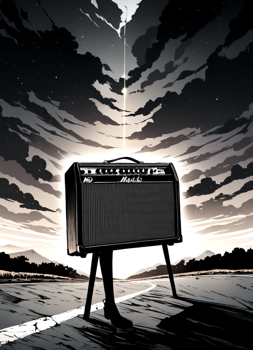 Create an image that represents the music "hypocrite" A black and white photo of the Foo Fighters is projected onto an empty road, Spreading to the horizon. In the middle of the road, Place an abandoned guitar amp, As an expression of the inner conflict and false identity that this song speaks of. In the sky, Painting the disappearing dark clouds, Symbolizes liberation and overcoming fear and falsehood..