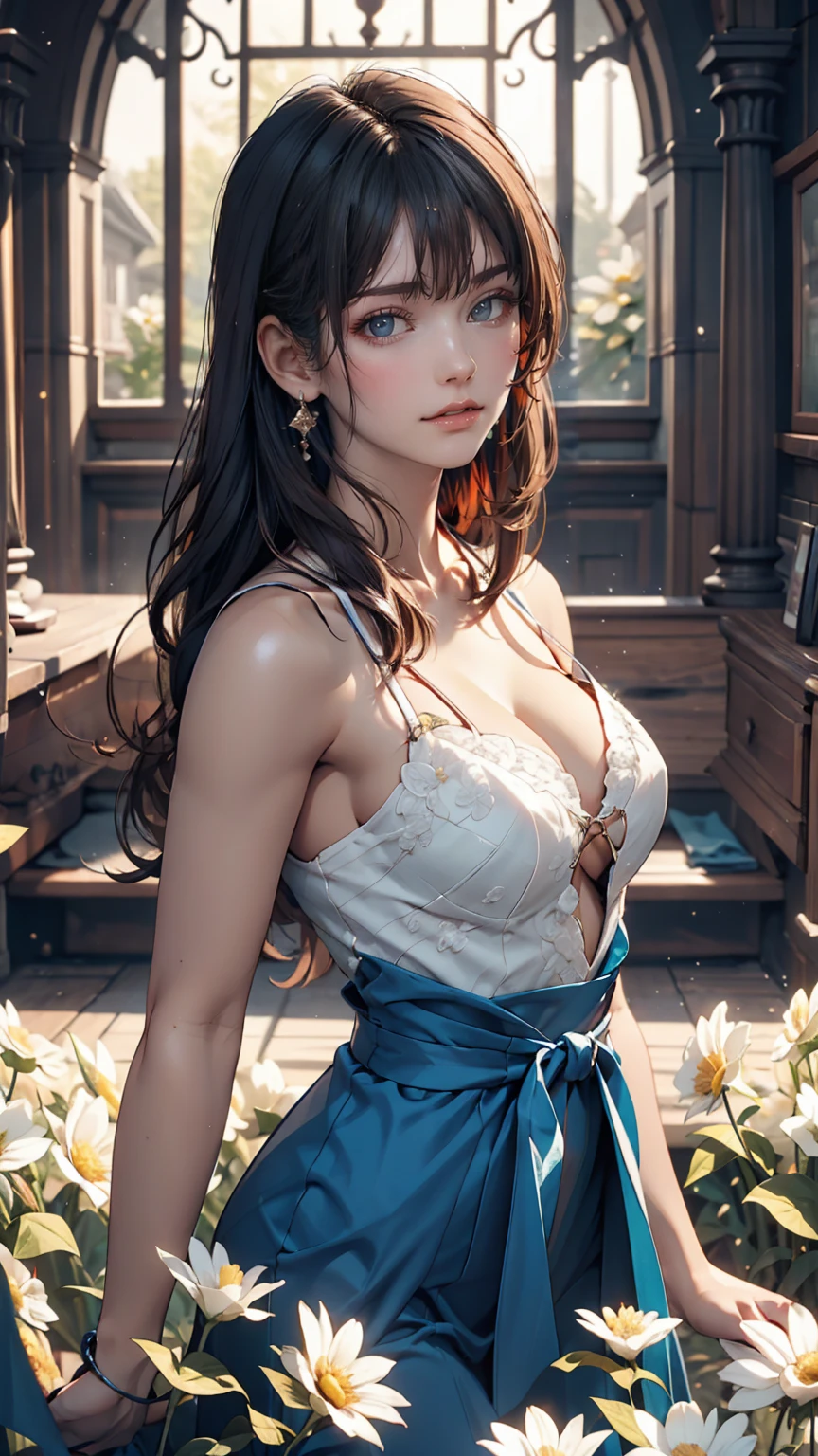masterpiece, Highest quality, Ultra-high resolution, detailed illustration, Portraiture, detailed, A girl standing in a wheat field, alone, Long Hair, dress, flower, White Hanfu, smile, whole body, white flower, Bare shoulders, very Long Hair, Aqua Hair, Mouth closed, In-person audience, bangs,Sexy proportions、Narrow waist、Sexy