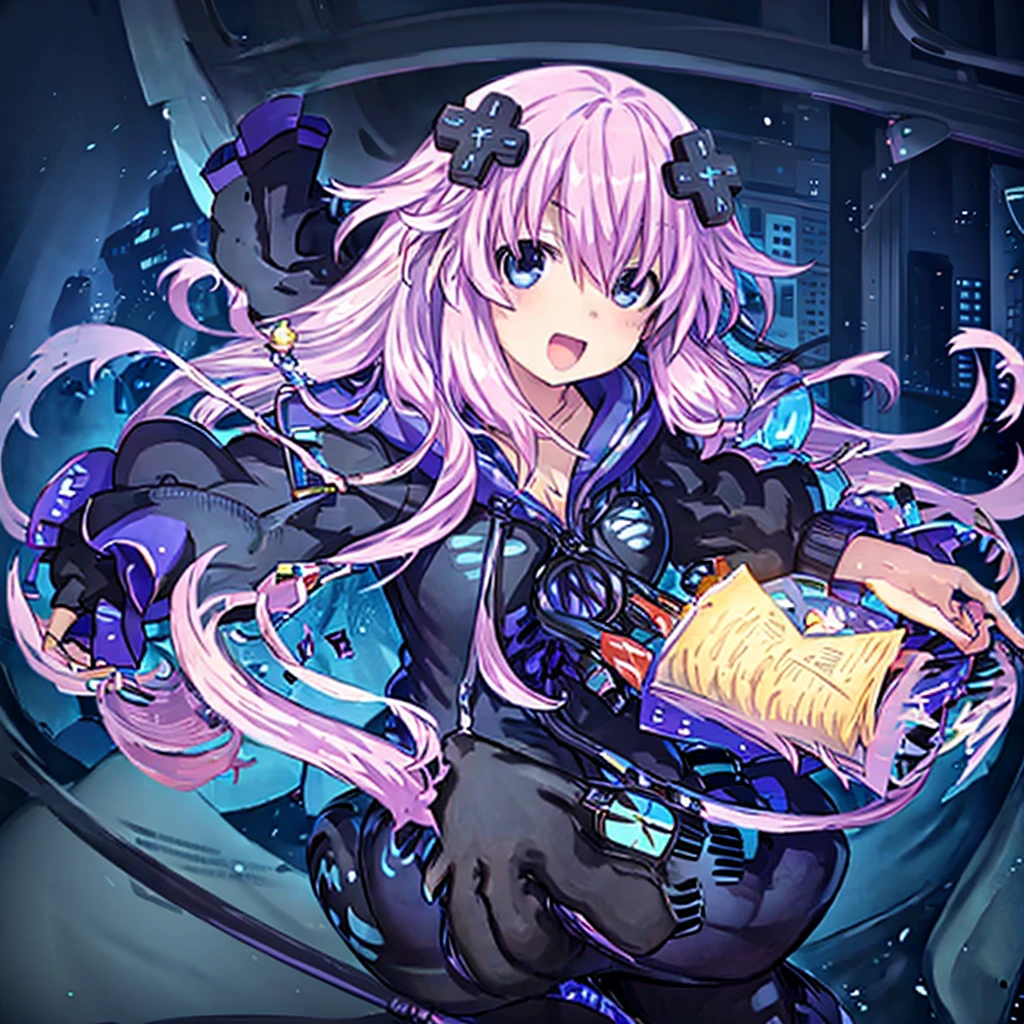 masterpiece, highres,best quality,Perfect details,ultra-detailed,1girl,solo,nep traveller,cleavage, d-pad hair ornament,(pov)
