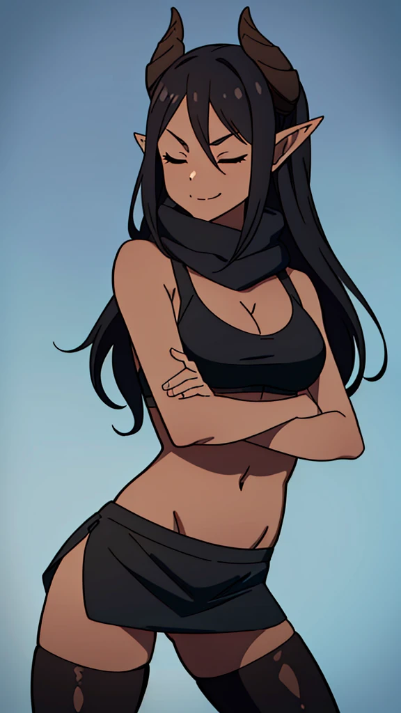 ((1girl,solo,mature female,adult)),big breasts,long hair, black hair,horns,elf ears,black scarf,cleavage,(((dark skin))),((black sports bra, midriff)),(((pantyhoses))),((no background)),closed eyes,crossed arms,from side,serious,smile,upper body