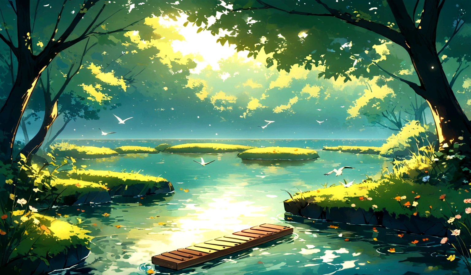 a calm lake,Accompanied by the soft sound of the xylophone and the distant chirping of birds。Ideal for creating a peaceful and focused environment。