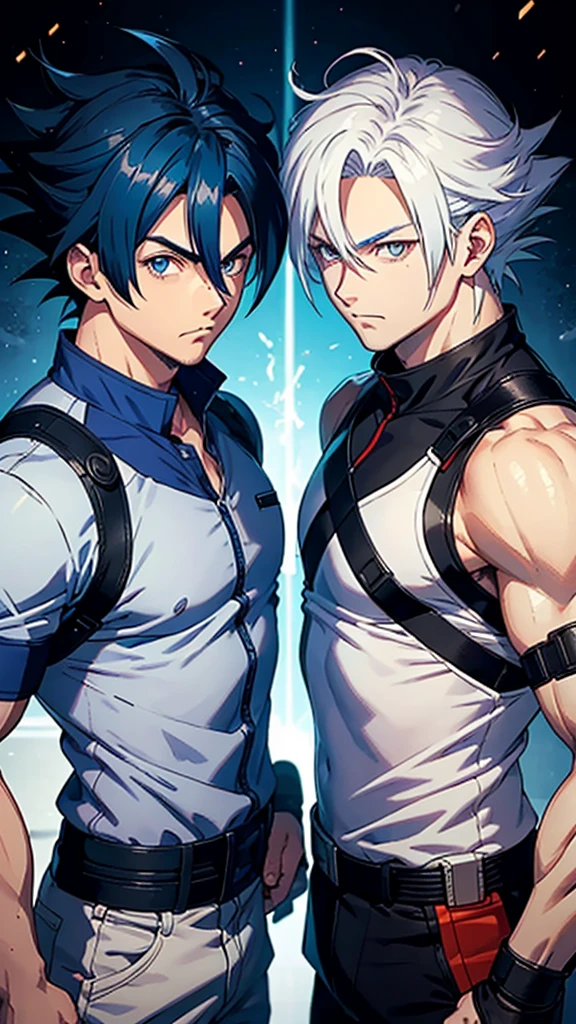 TWO MENS;
adults;
musculosos;
Combat clothing;
friends;
males;
One has red eyes the other blue eyes;
They both have white hair;
They are far from each other They have the physical size of Goku