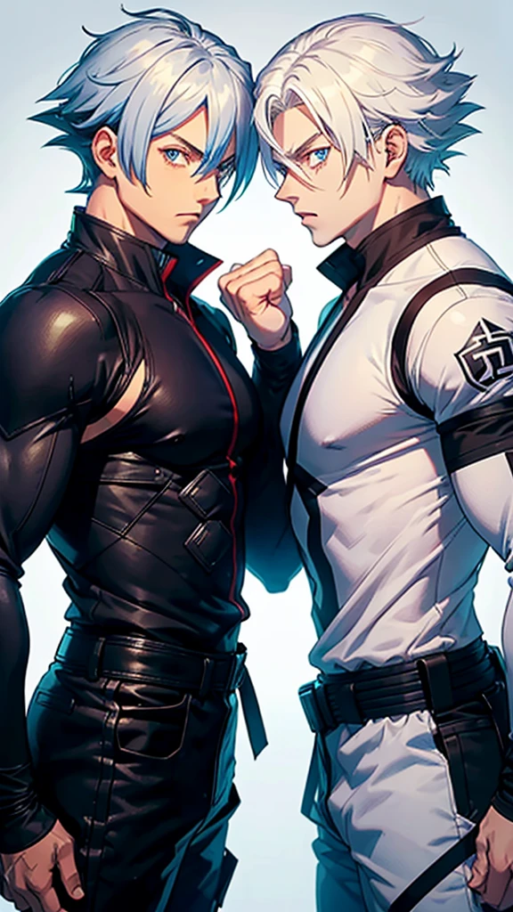 TWO MENS;
adults;
musculosos;
Combat clothing;
friends;
males;
One has red eyes the other blue eyes;
They both have white hair;

They are far from each other They have the physical size of Goku 