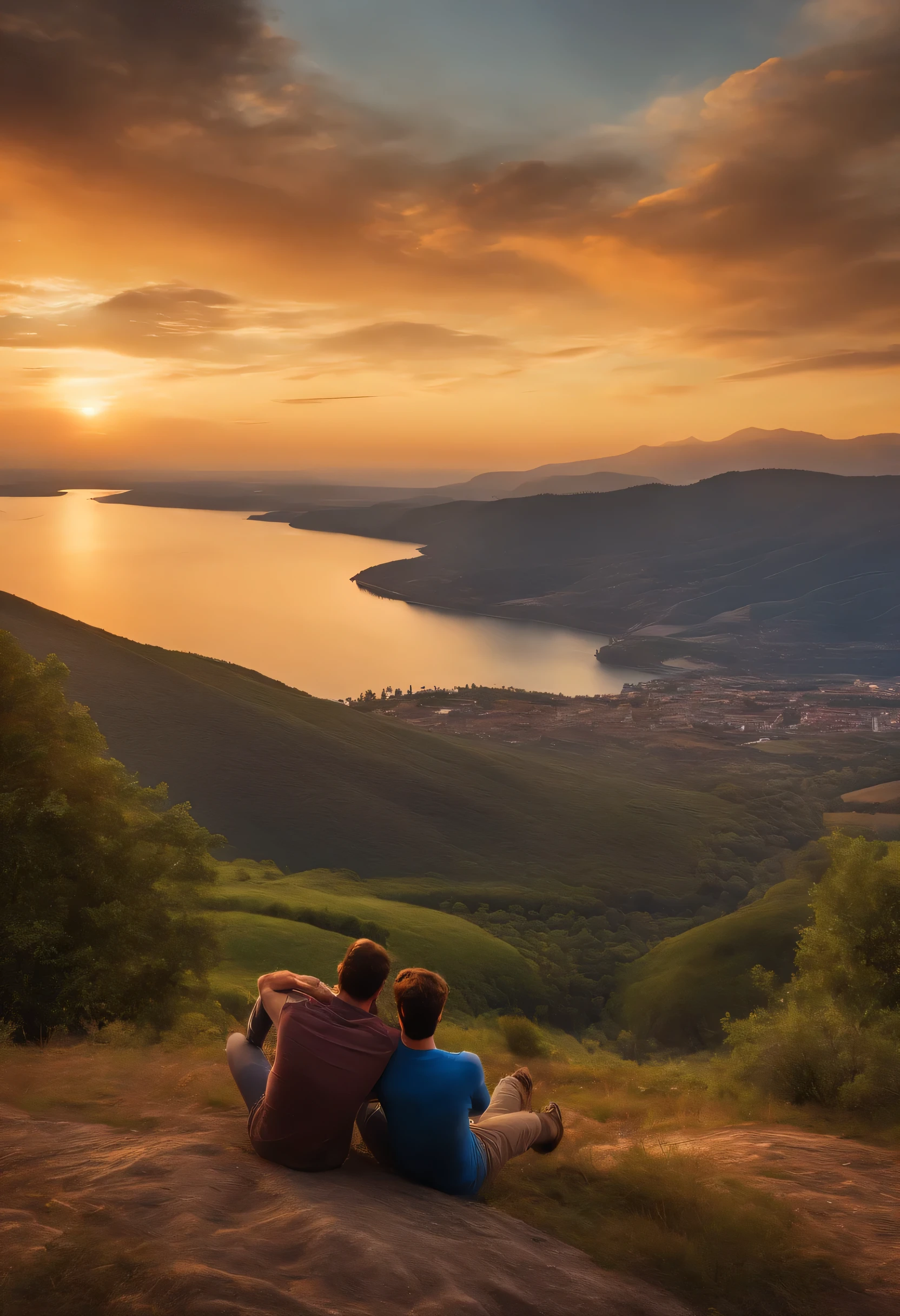 Two friends sitting on a mountain talking, in the background you can see the city, trees next to them, sunset, very detailed illustration, FULL HDR