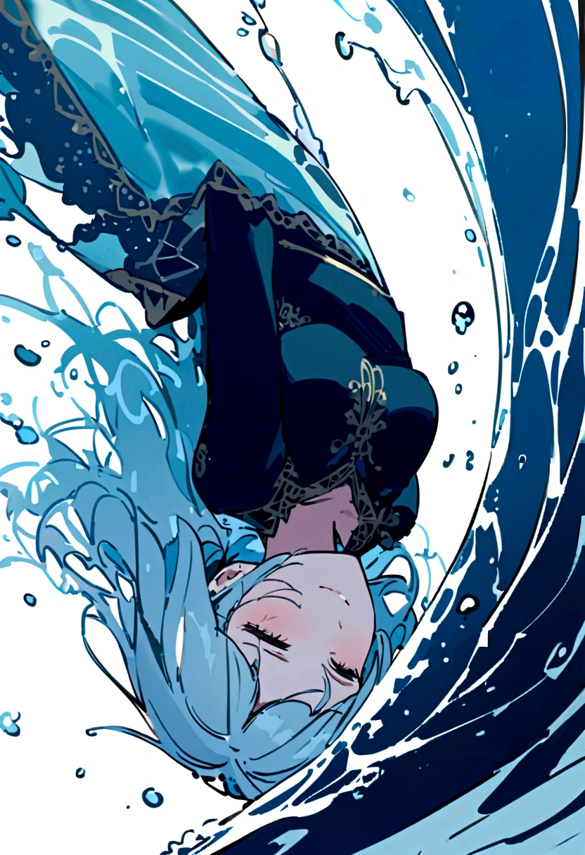 A beautiful girl falling, drowning under the sea (side view),with a sad smile, commiting suicide,as she drowned herself in water,her body slowly sinking deeper