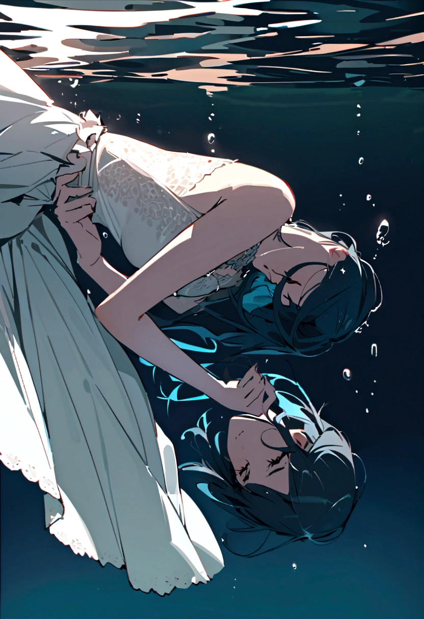 score_9, score_8_wonderful, score_7_wonderful, score_6_wonderful, sauce_anime, partially underwater, 
One Girl, Long Hair, Brown Hair, Wet Hair,
White Dress, Swamp,
Dark Background, Blurred Edges,8-year-old、Adventurer、Flat Chest、Pitch-dark underground labyrinth、No light、skirt、Equipped with a dagger and a shield、水面よりwonderfulの顔、Corpse in water, Underwater Photography、浮力でskirt捲れる