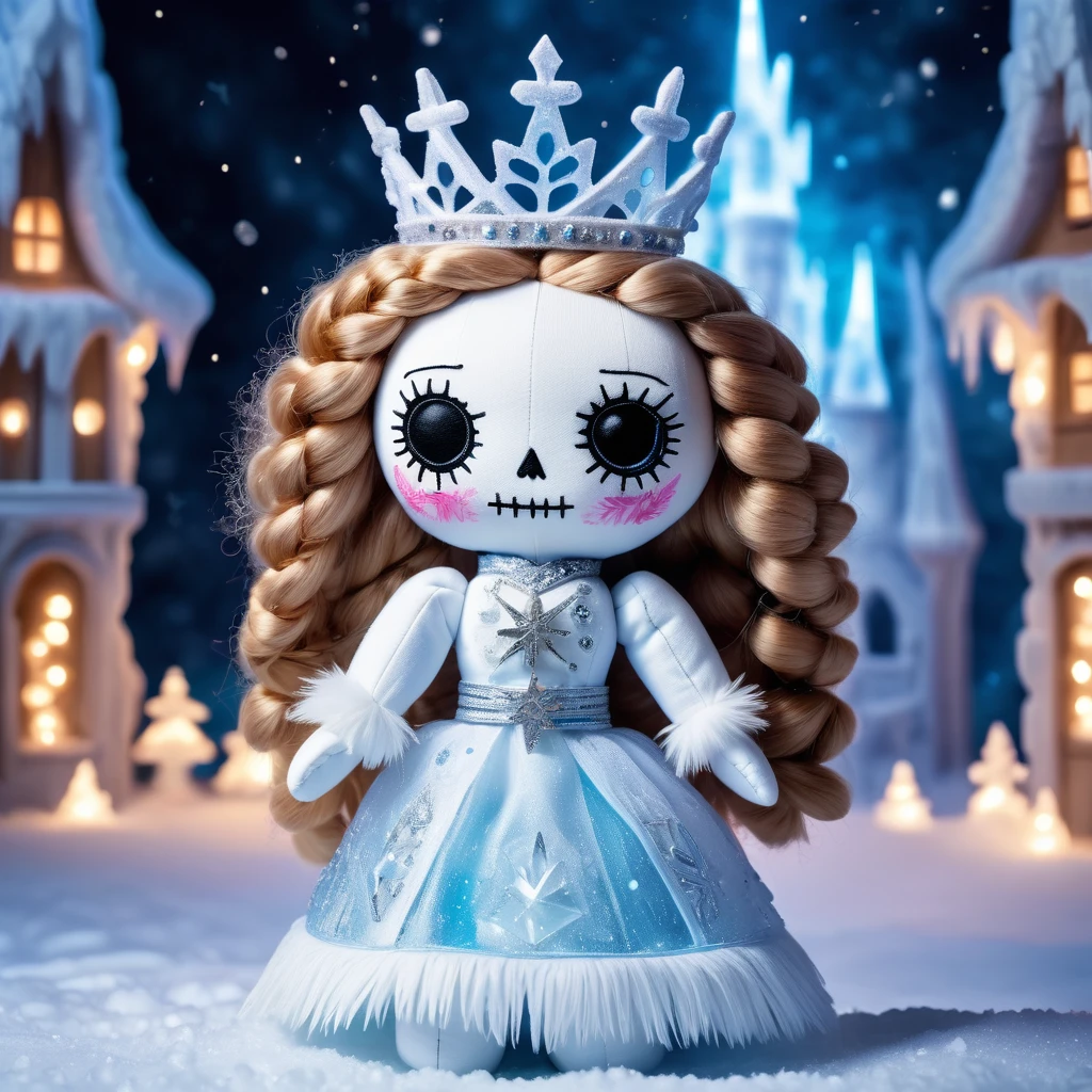 (knitted toy voodoo doll: 1.6), (Voodoo Snow Queen: 1.3), (clothes White dress with ice patterns, fur mantle: 1.0), (Ice staff, snow crystals: 1.1) (against the background Ice Palace with flickering lights: 1.3), best quality, masterpiece, detailed soft oil painting, detailed background, dramatic cinematic lighting, soft edge lighting, professional, dramatic lighting, hard edge lighting, ultra quality, 4k,masterpiece, best quality, 8k, ultra highres, highres, extremely detailed