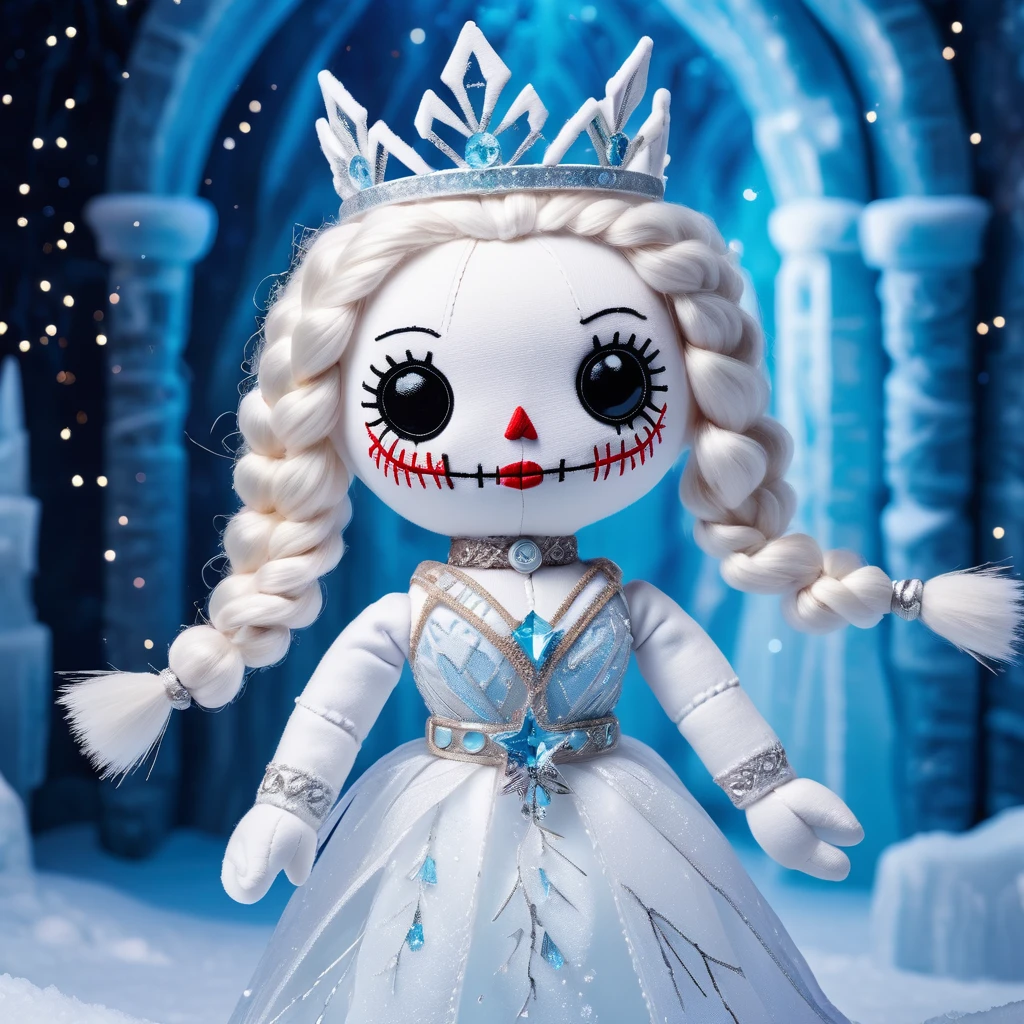 (knitted toy voodoo doll: 1.6), (Voodoo Snow Queen: 1.3), (clothes White dress with ice patterns, fur mantle: 1.0), (Ice staff, snow crystals: 1.1) (against the background Ice Palace with flickering lights: 1.3), best quality, masterpiece, detailed soft oil painting, detailed background, dramatic cinematic lighting, soft edge lighting, professional, dramatic lighting, hard edge lighting, ultra quality, 4k,masterpiece, best quality, 8k, ultra highres, highres, extremely detailed