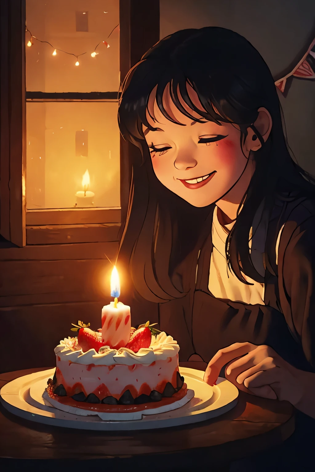 She is celebrating her birthday. She's sitting in front of me. The room is dark, and there is a strawberry birthday cake in front of me. The only light in the room was the light from a small candle stuck in the cake. She is smiling happily. her eyes are closed.
