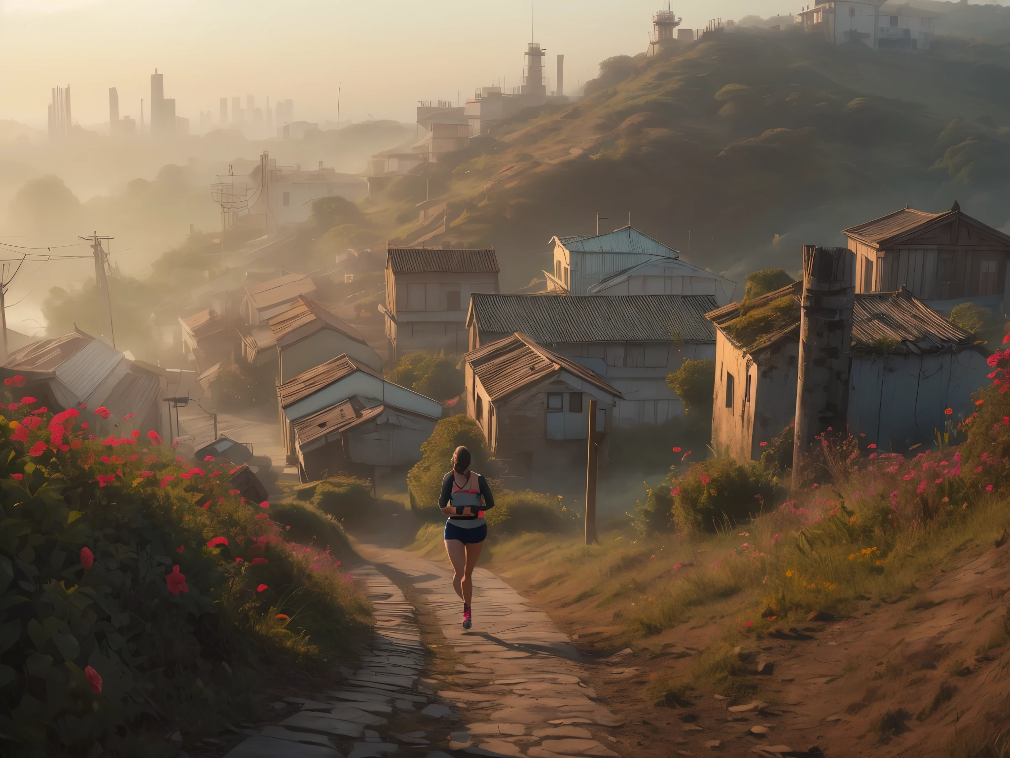 Woman running up a steep hill in a misty rural town at sunrise、Distant and Near Views、Old rusty factory chimneys near the bay and port、Cinematic lighting、Dramatic atmosphere、8K、high quality、Photorealistic、Detailed landscape、Moody colors、Volumetric lighting、Hazy environment、