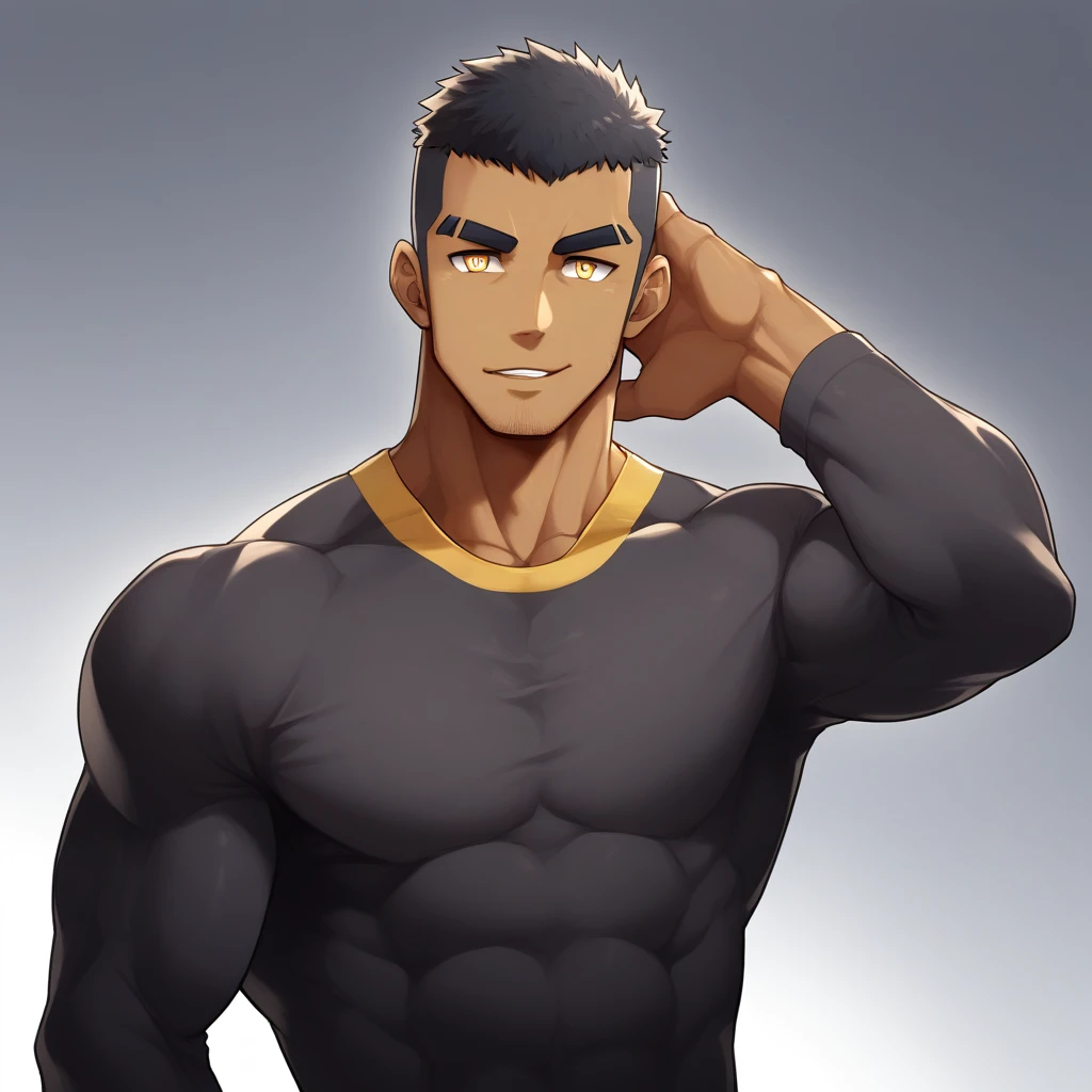 anime characters：Gyee, Muscle Sports Student, negro black skin, 1 dark skin muscular tough guy, Manliness, male focus, Light yellow high collar long sleeve tight T-shirt, Slightly transparent material, Very tight, Round, full and perky chest muscles, Slightly transparent, muscular male, muscular, only, Upper body, alone, Black short hair, Thick eyebrows, stubble, Yellow eyes, Grey background, simple background, amazing quality, best aesthetics, Ridiculous, bright pupils, crew cut, parted lips, seductive smile, torogao, naughty face, drop shadow, best quality