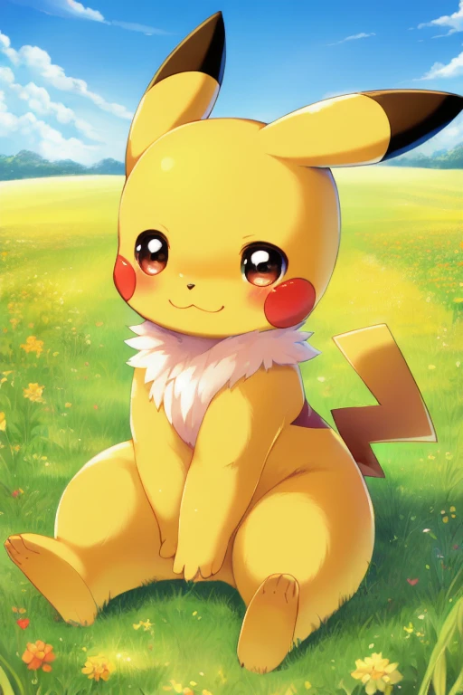 Pikachu, anthro, young, feets whit three toes, detailed body fur, detailed face, detailed eyes, glistering body, shiny body, gorgeous body, masterpiece, high quality, anime style, full body, :3, field, clear sky, sitting, cute, blush, mouth open
