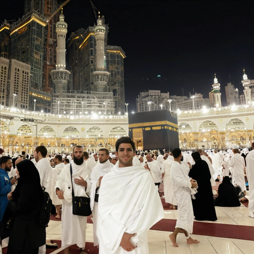 Man in front of kaaba mecca wearing ihram clothing