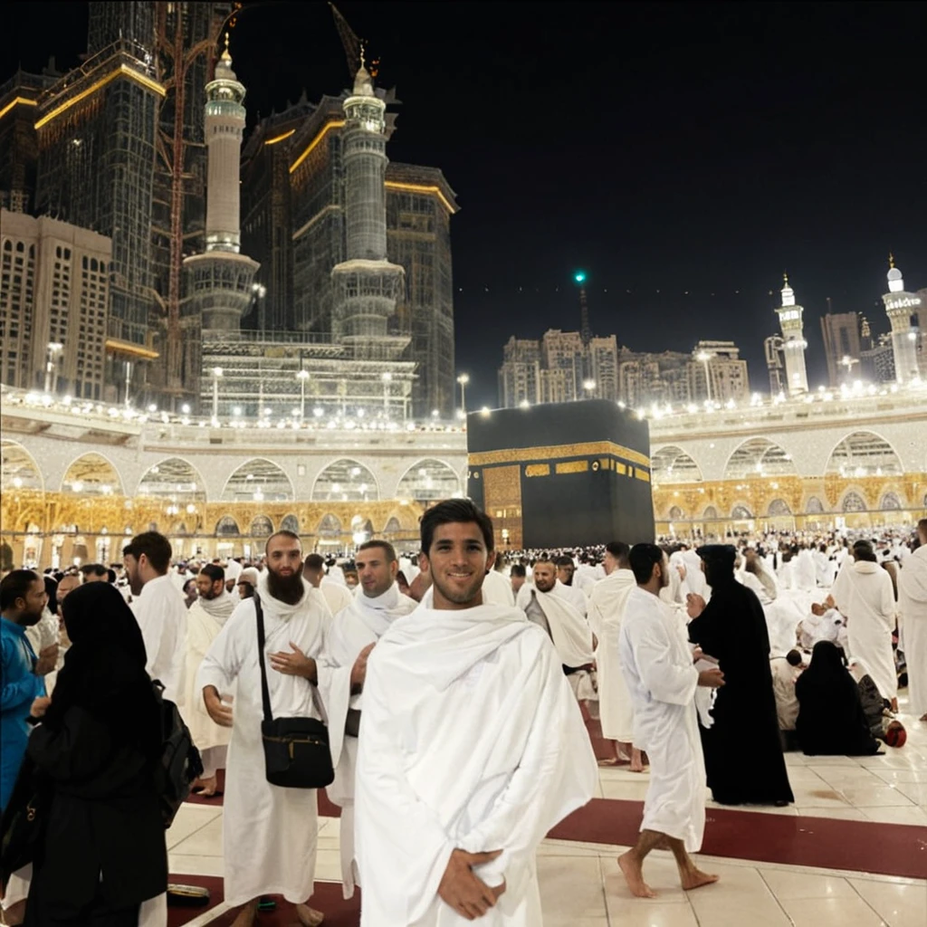 Man in front of kaaba mecca wearing ihram clothing