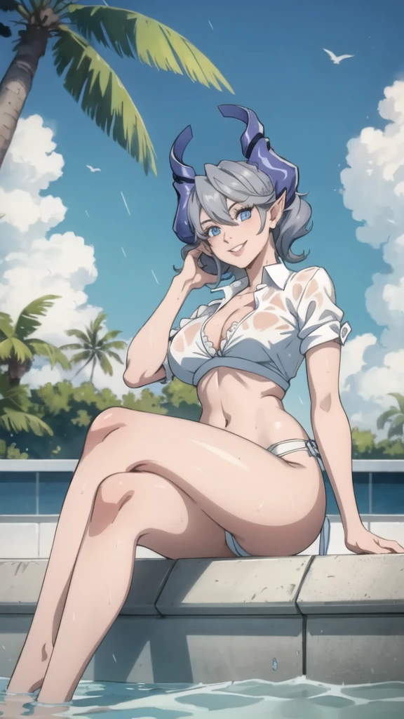 High level image quality best image quality 8K adult woman pool party rain palm trees more colors whole body view portrait bikini horn ears short hair((shortcut)(gray hair)(perm)(fluffy)) eye color is blue , , attractive evil face , smile , sexy pose , labrynth , arm crossed , barearm , wearing white shirt , sitting on person by the pool , crossed legs , all wet , wet hair , view foot arc