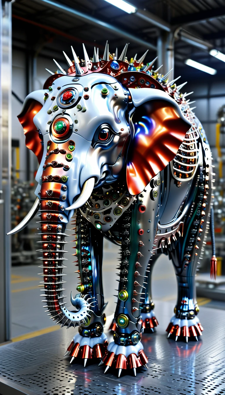 There is no one, Reality Photos, Reality Photos, Realistic photo of an elephant-like creature, spikes, multicolored sparkling, strange and, Surreal and, the other world, A robotic factory with a shiny assembly plant, intricate details, very sharp, Sophisticated details, Flawless composition, vivid colors, masterpiece, futuristic, metal decoration, The shiny red interior is empty., polished, ray tracing