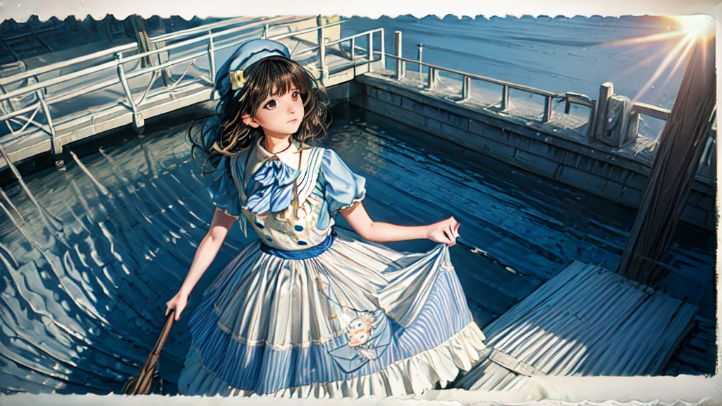 A girl in a white dress with a blue ribbon is walking on a bridge over a river, Holding an umbrella. She has long black hair and brown eyes.. The photo was taken from a high angle, Photographing Water and Cityscapes. The sun is behind her, Create a lens flare next to your photo. The photo is overexposed, Makes the white dress and umbrella look brighter. Focus is soft, Make your photos dreamy. The edges of the photo are dark, Add contrast to the scene. Low photo quality, Rough texture and faded colors.