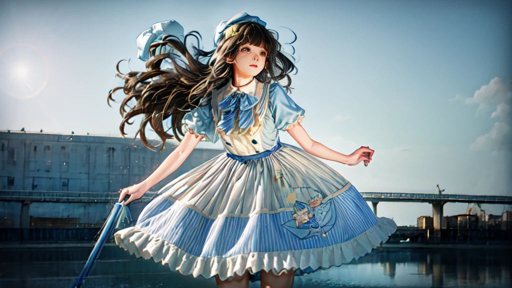 A girl in a white dress with a blue ribbon is walking on a bridge over a river, Holding an umbrella. She has long black hair and brown eyes.. The photo was taken from a high angle, Photographing Water and Cityscapes. The sun is behind her, Create a lens flare next to your photo. The photo is overexposed, Makes the white dress and umbrella look brighter. Focus is soft, Make your photos dreamy. The edges of the photo are dark, Add contrast to the scene. Low photo quality, Rough texture and faded colors.